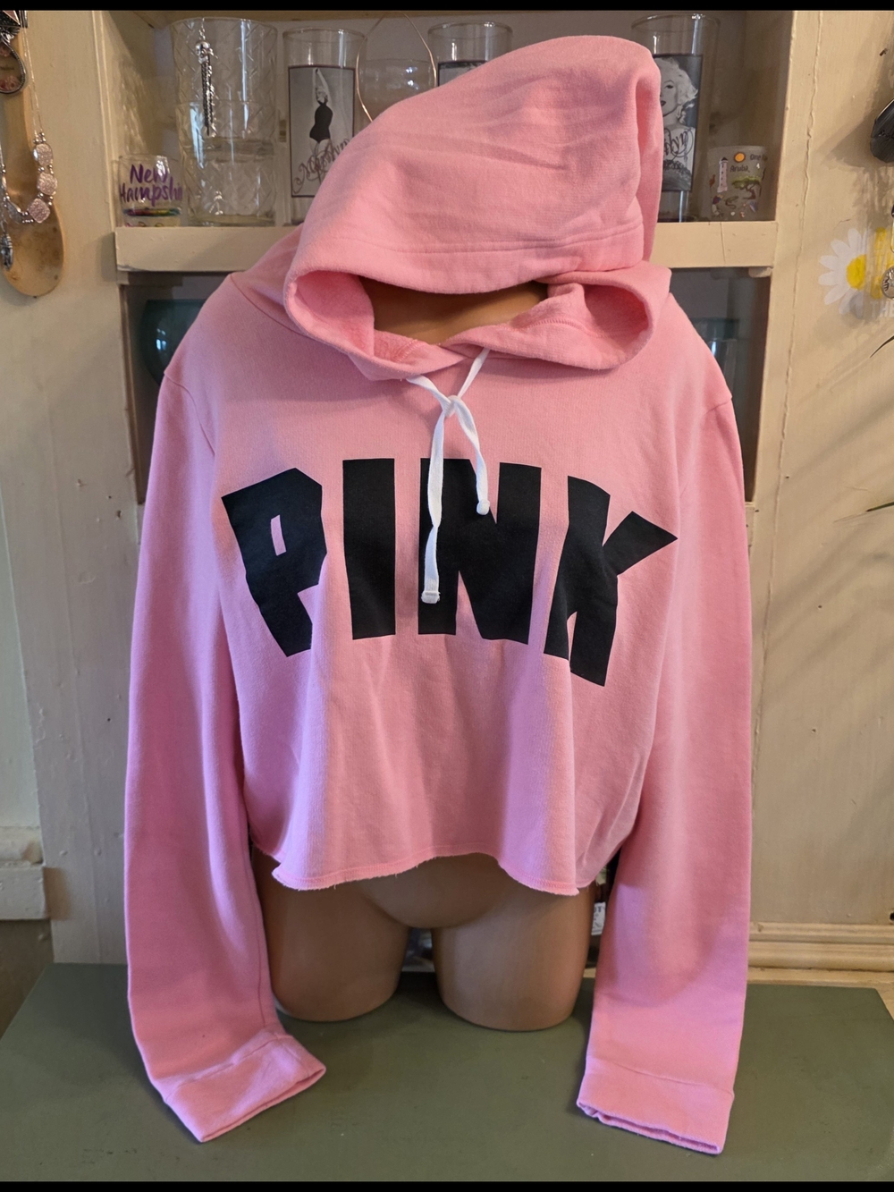 Victoria's Secret PINK Cropped Hoodie L Neon Pink GUC *See Last Pic For Tiny Dot